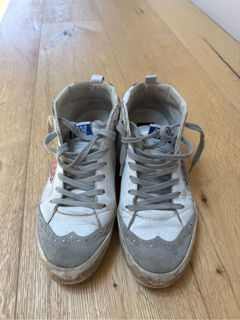 Golden Goose White and Gray Mid-Top Sneakers with Red and Blue Gingham Star - Picture 4 of 5